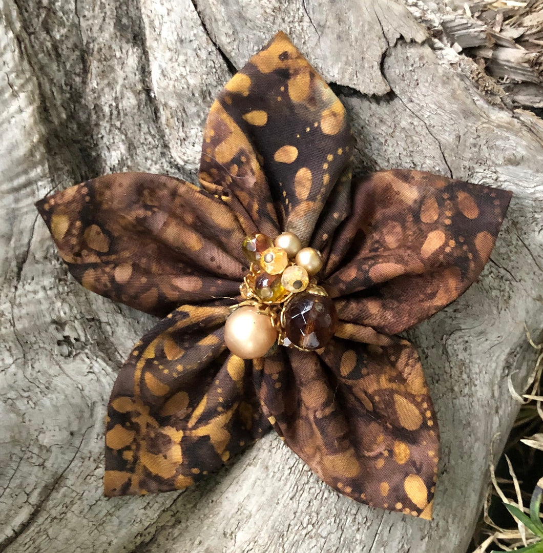 Fabric Flower - Brown Batik with vintage button