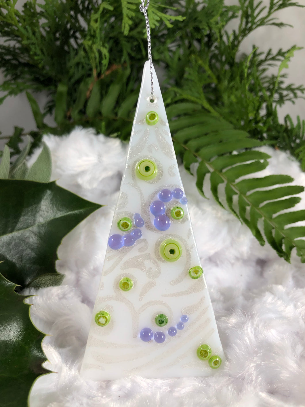 Holiday ornaments - White with green and lavender