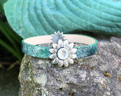 Leather Bracelet - Teal and Silver with Sunflowers