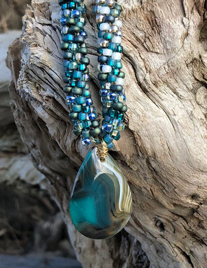 Kumihimo Necklace - Teal Gold White Agate