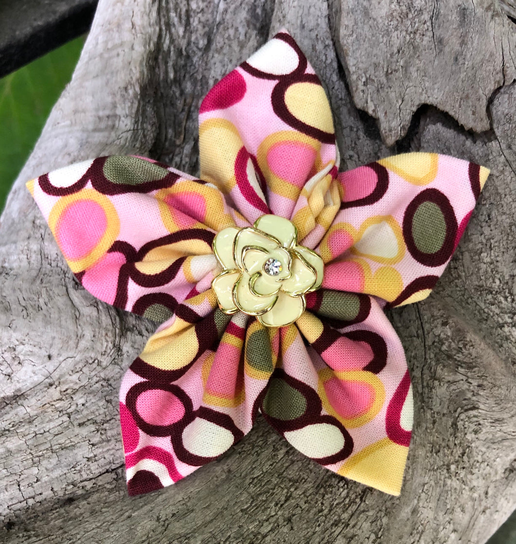 Fabric Flower - Brown Pink Yellow Olive
