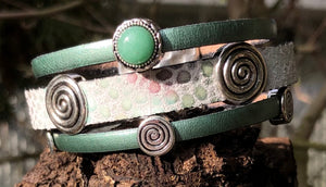 Leather Bracelet - Triple Band Sage with Jade