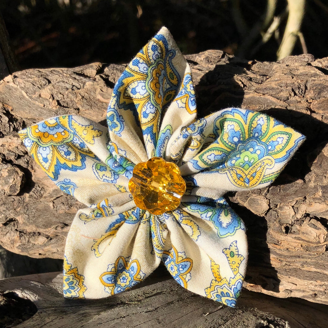 Fabric Flower - Wheat And Blue