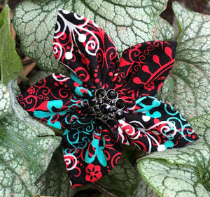 Fabric Flower - Red and Aqua Scrollwork