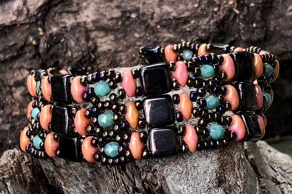 Beaded Bracelet - Black Coral and Turquoise Brocade