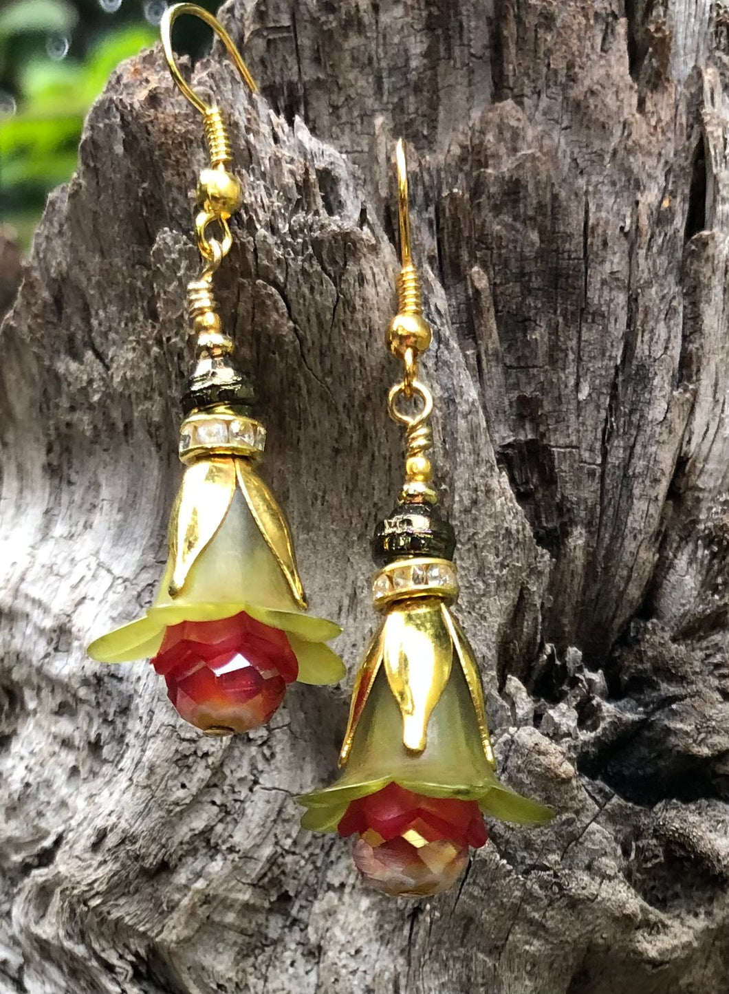 Spring Green and Red Tulip Style Earrings