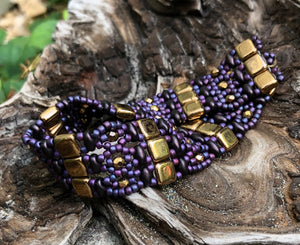 Beaded Bracelet - Purple and Gold Brocade