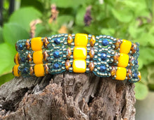 Load image into Gallery viewer, Beaded Bracelet - Bright Yellow and Blue Brocade