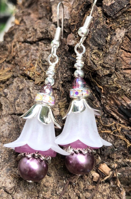 White and Purple Tulip Style Earrings