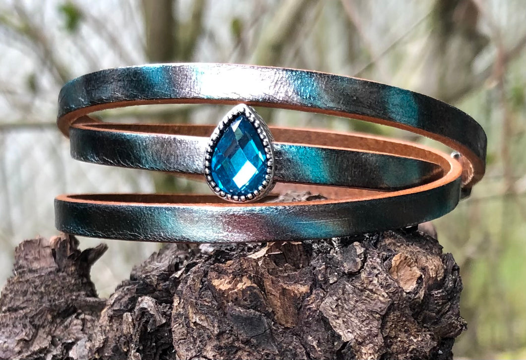 Leather Bracelet - Teal and Pewter Wrap
