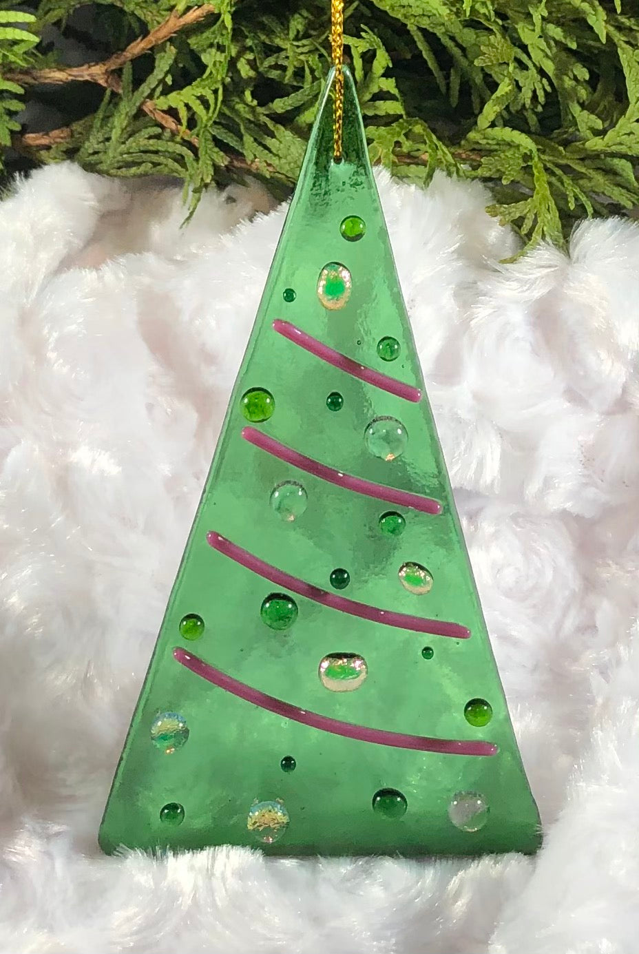 Holiday ornaments - Green with Pink Dichro