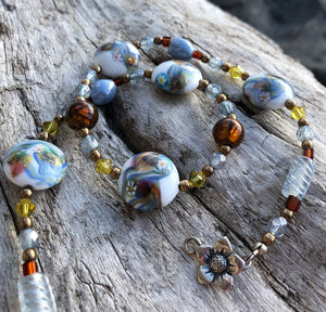 Lampwork Glass Necklace - Light Blue Amber and Lime
