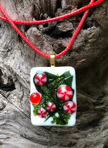 Fused Glass Pendant - Holly and Peppermint