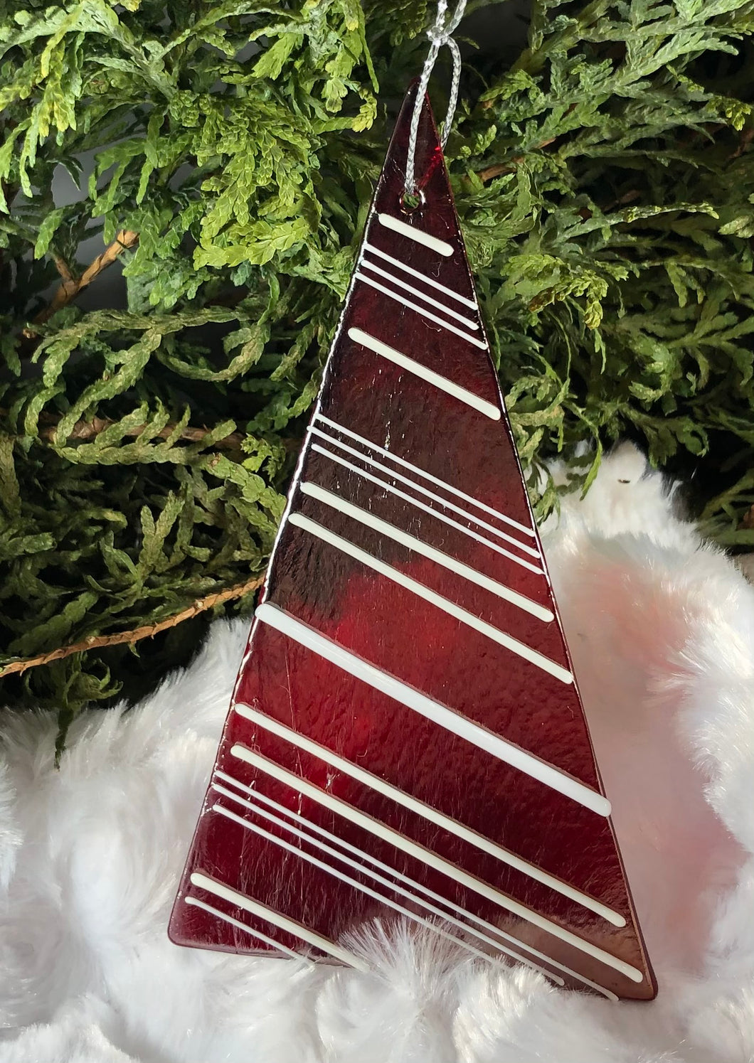 Holiday Ornaments - Red Iridescent with white stripes