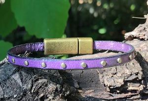 Leather bracelet - Bronze Studded Purple Leather