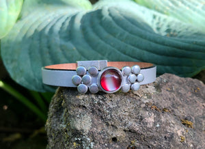 Leather Bracelet - Silver Leather with Red Slider