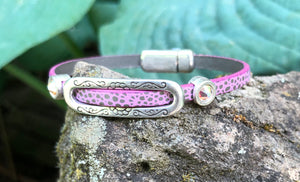 Leather Bracelet - Pink Polka Dot leather with Pale Pink Crystals