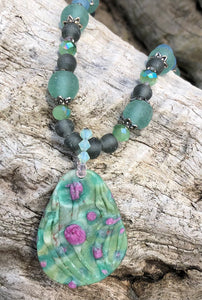 Mineral Necklace - Ruby in Zoisite with Sea Glass