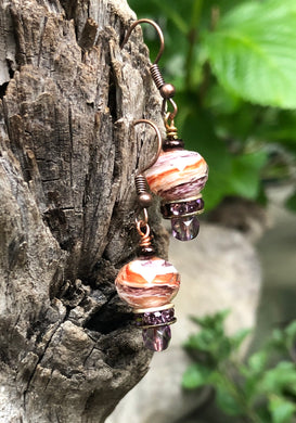 Purple and Orange Lampwork Glass Earrings
