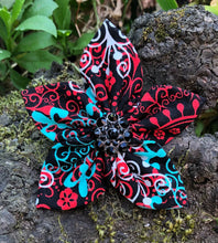 Load image into Gallery viewer, Fabric Flower - Red and Aqua Scrollwork
