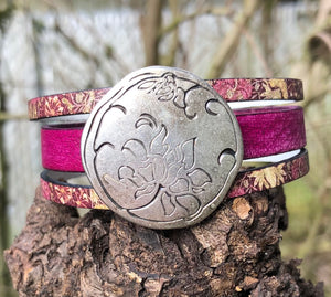 Leather Bracelet - Triple Band Fuchsia with print