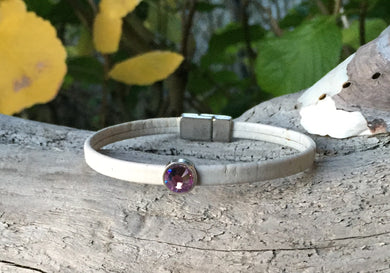 Leather Bracelet - Light Gray cork bracelet with Pink crystal slider