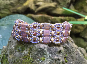 Bronze and Light Purple Czech Glass Beaded Bracelet with Magnetic Clasp